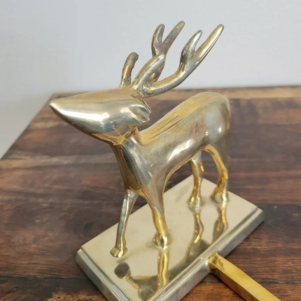 Vintage Brass Reindeer Stocking Hanger Long Arm Heavy Mantel Hook Stag 5.75